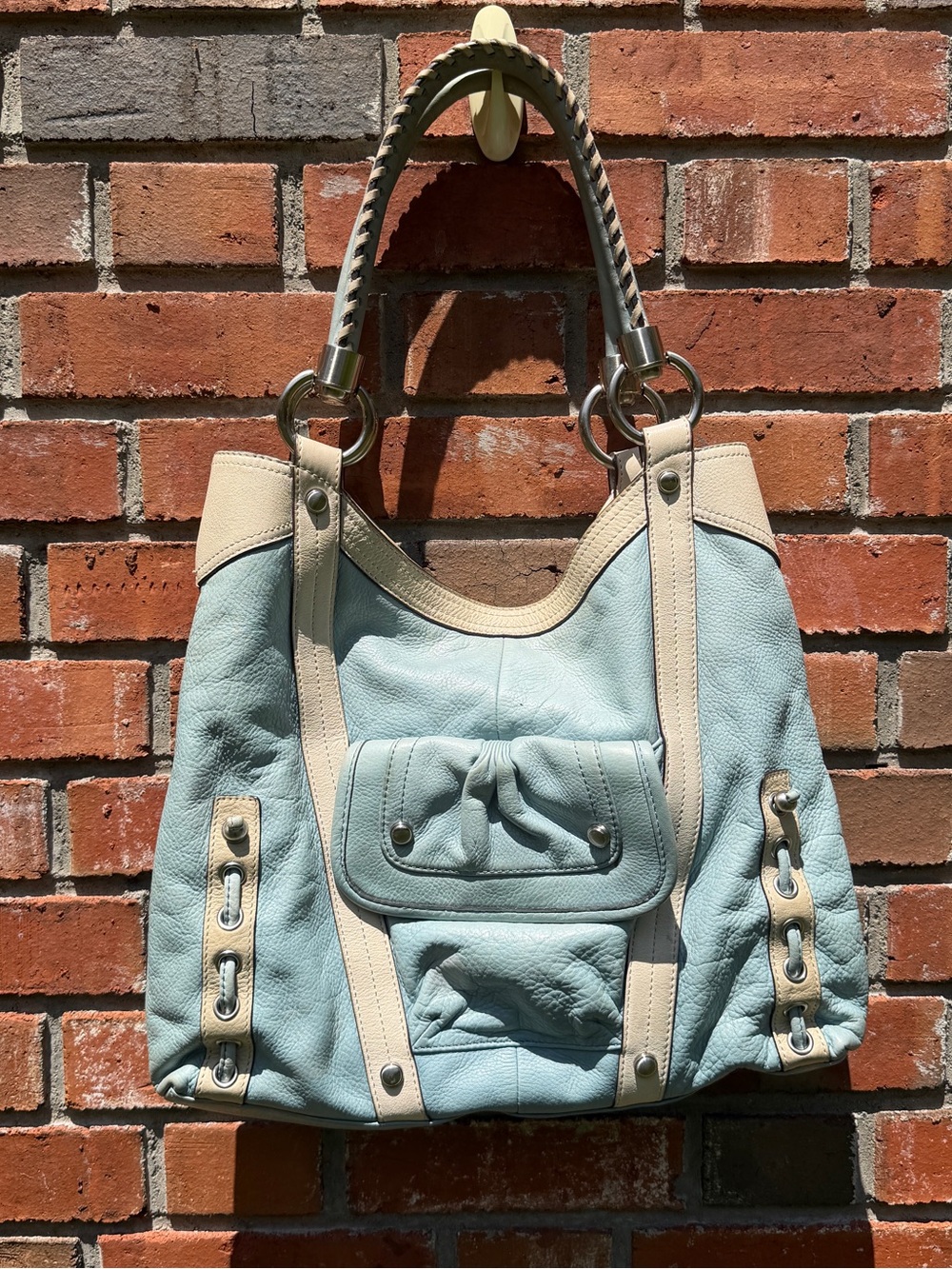 B Makowsky Women’s Two-Tone Leather Hobo Bag - Light Blue and Cream